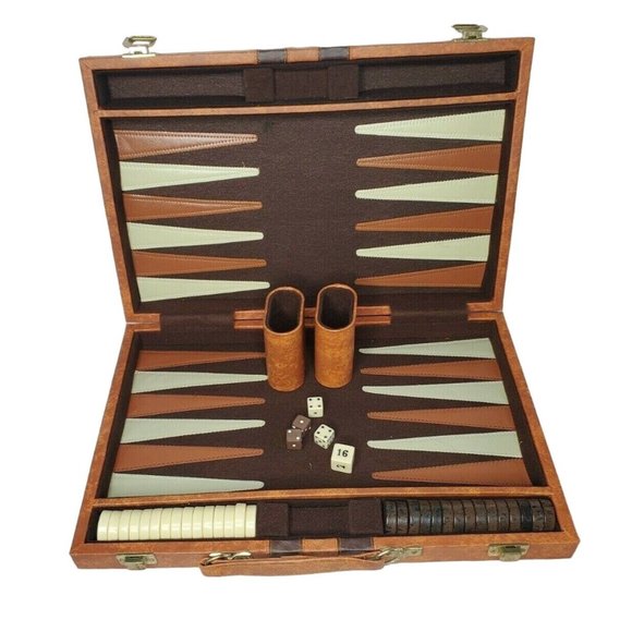 Vintage Tan Brown Stripe Backgammon Family Board Game With Booklet - Picture 1 of 12